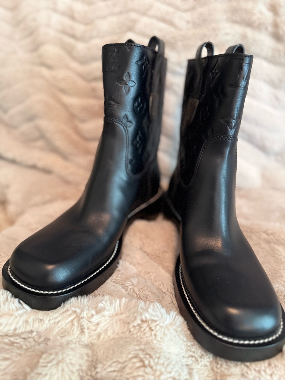 Louis Vuitton Black Leather Boots with Embossed Logo